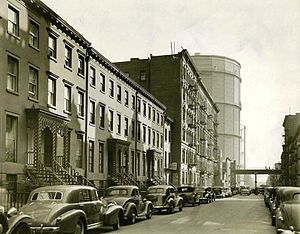 A rare view of one of the last gasworks in the Gas House District circa 1938., years after Humpty Jackson's reign. 