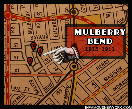 The Mulberry Bend. 1)Ragpicker’s Row 50 ½ Mulberry Street 2) Bandits Roost 59 ½ Mulberry Street. 3) Bottle Alley 47 Baxter Street. 